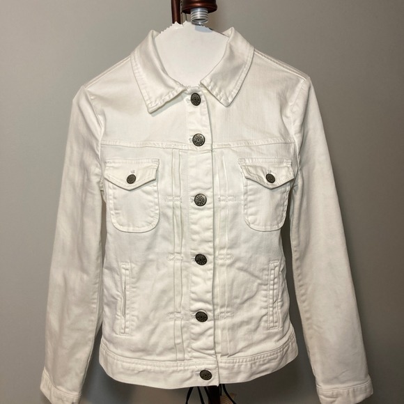 J Crew White Denim Button Down Jacket Y2K Women XS 98% Cotton Classic Streetwear - Picture 1 of 15
